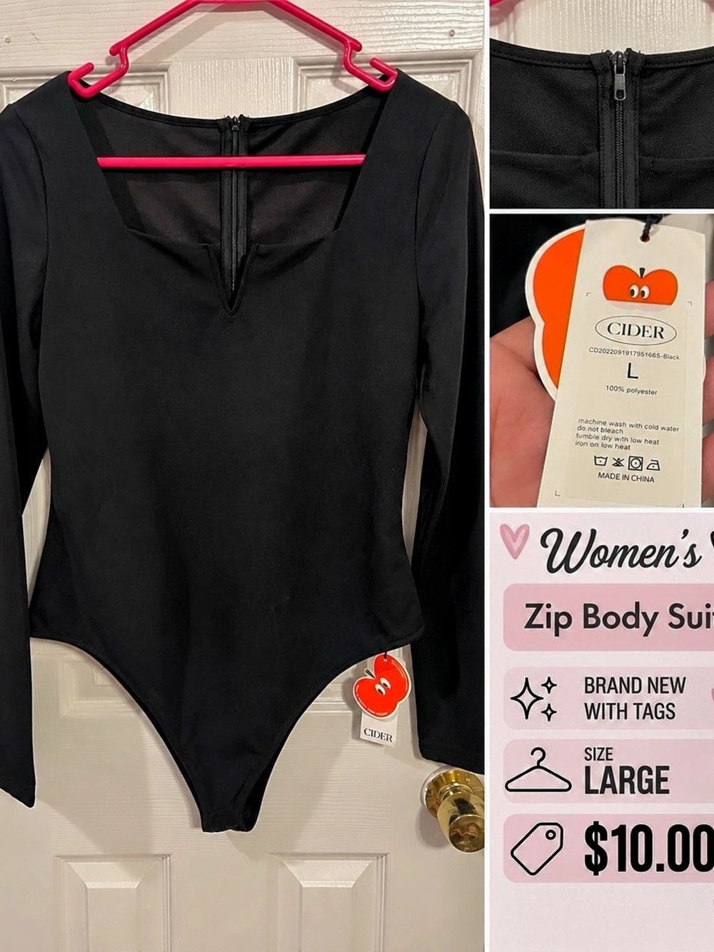 Cider Zip Bodysuit Black Long Sleeve Size Large